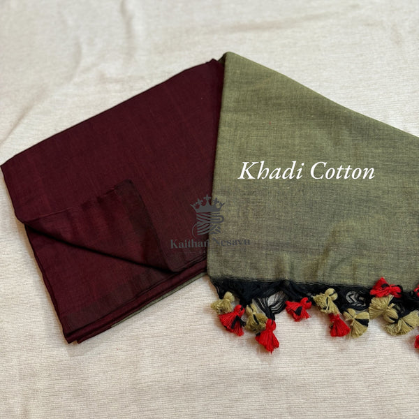 Khadi Cotton Sarees - Maroon and Green with tassels
