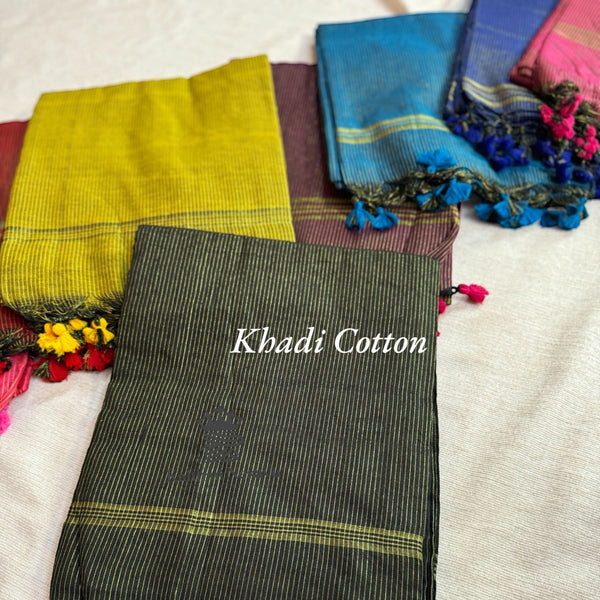 Khadi Cotton Striped Sarees - Green