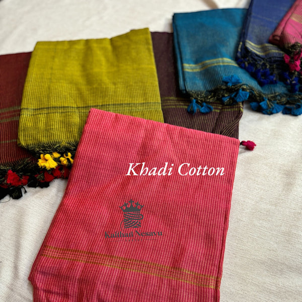 Khadi Cotton Striped Sarees - Red