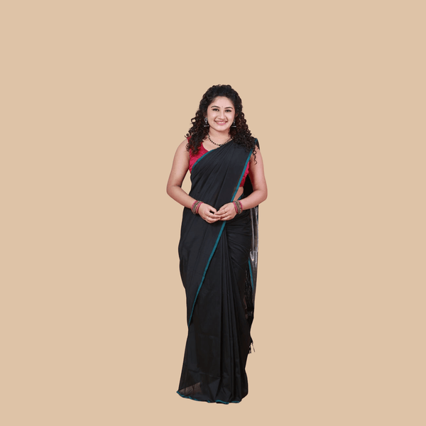 Yamini Pure Cotton Saree with Silver Pallu and Contrast Border - Kaithari Nesavu Sarees