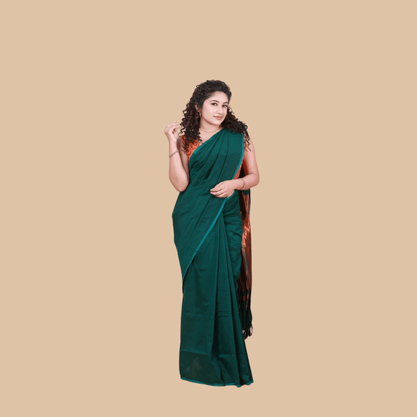 Aqua deep Green Cotton Saree with Copper Zari Pallu – Handloom-Inspired Jhanvi Saree by Kaithari Nesavu, Comfortable Office & Temple Wear.