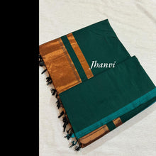 Aqua deep Green Cotton Saree with Copper Zari Pallu