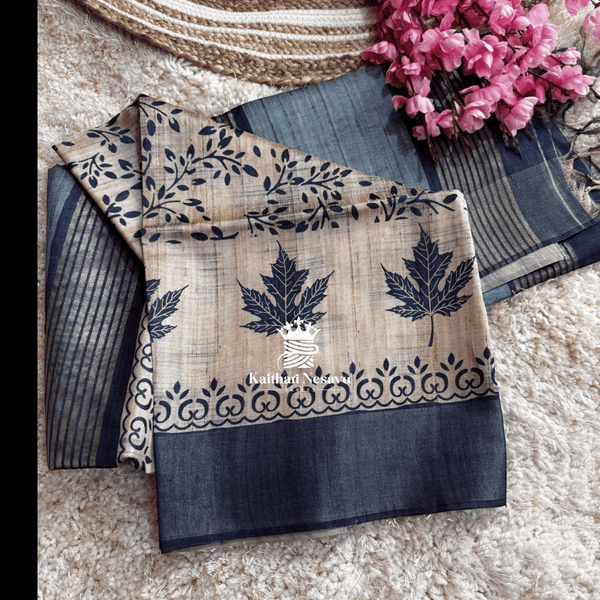 Ash Blue Semi Ghicha Saree with Premium Digital Print – Elegant Lightweight Saree by Kaithari Nesavu