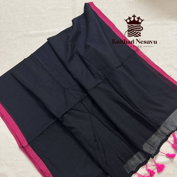 Premium Mul Cotton Black Saree with Rani Pink Border & Cotton Candy Tassels