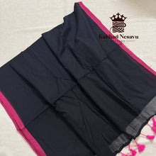 Premium Mul Cotton Black Saree with Rani Pink Border & Cotton Candy Tassels