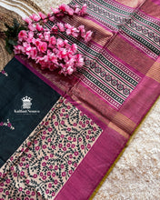 Black Ghicha Tussar Digital Printed Saree – Graceful Semi-Handloom Weave by Kaithari Nesavu, Ideal for Evening Occasions & Office Wear.