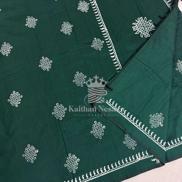 Budget Friendly Kolam Design Cotton Saree with Mango Block Print Border | Hand Kolam Blouse
