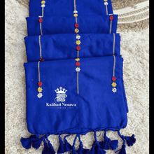 Buy Royal Blue 120 Thread Count Mul Cotton Saree with Elegant Floral Embroidery and Soft Tassels - Breathable Summer Saree ₹980 - Kaithari Nesavu