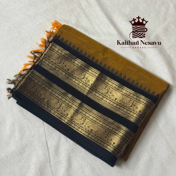 Chettinad Cotton Saree – Mustard with Black Border | Pure 100 Count | Kaithari Nesavu