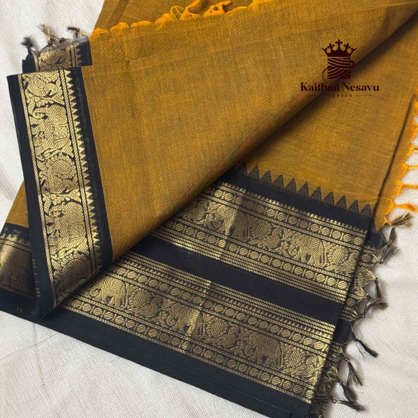 Chettinad Cotton Saree – Mustard with Black Border | Pure 100 Count | Kaithari Nesavu