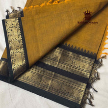 Chettinad Cotton Saree – Mustard with Black Border | Pure 100 Count | Kaithari Nesavu