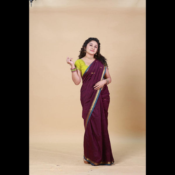 Shop Maroon with Green Thara Handloom Cotton Saree with Rich Gold Pallu and Running Blouse - Stunning Ethnic Wear for Festivals - Kaithari Nesavu
