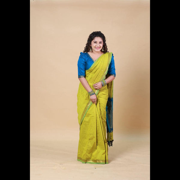 Purchase Yellowish Green Thara Premium Cotton Handloom Saree with Gold Zari Detailing and Running Blouse - Ideal for Weddings and Festive Looks - Kaithari Nesavu