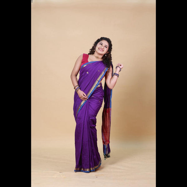 Purchase Purple Thara Cotton Handloom Saree with Luxurious Gold Zari Detailing and Running Blouse - Bridesmaid and Festive Collection - Kaithari Nesavu
