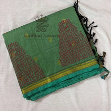 Handloom cotton saree in pistachio green with maroon gopuram motifs and gold border