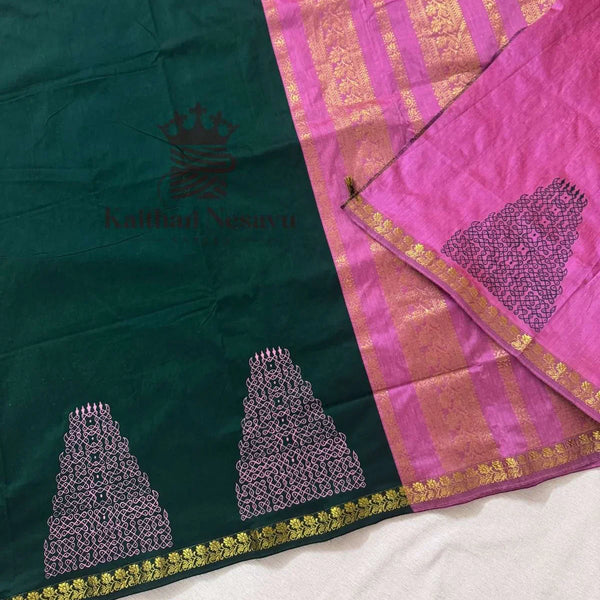 Handloom cotton saree in bottle green and baby pink with temple motifs and gold zari border