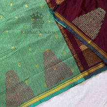 Handloom cotton saree in pistachio green and maroon with traditional temple motifs