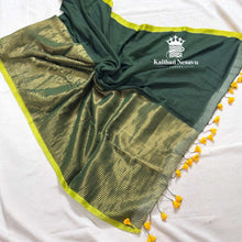 Pure Mul Cotton Half and Half Saree – Plain & Golden Stripe | Light Weight | No Blouse | Handloom Look