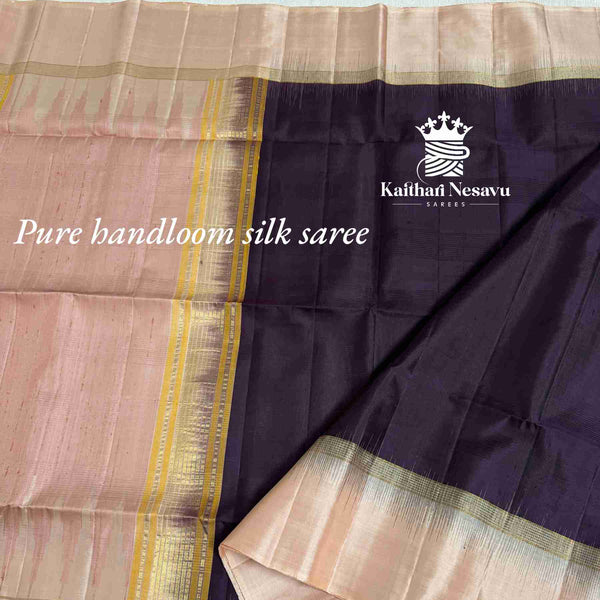 Dark Nagapalam x Peach Pure Handloom Silk Saree | Kaithari Nesavu