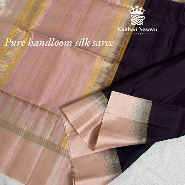 Dark Nagapalam x Peach Pure Handloom Silk Saree | Kaithari Nesavu