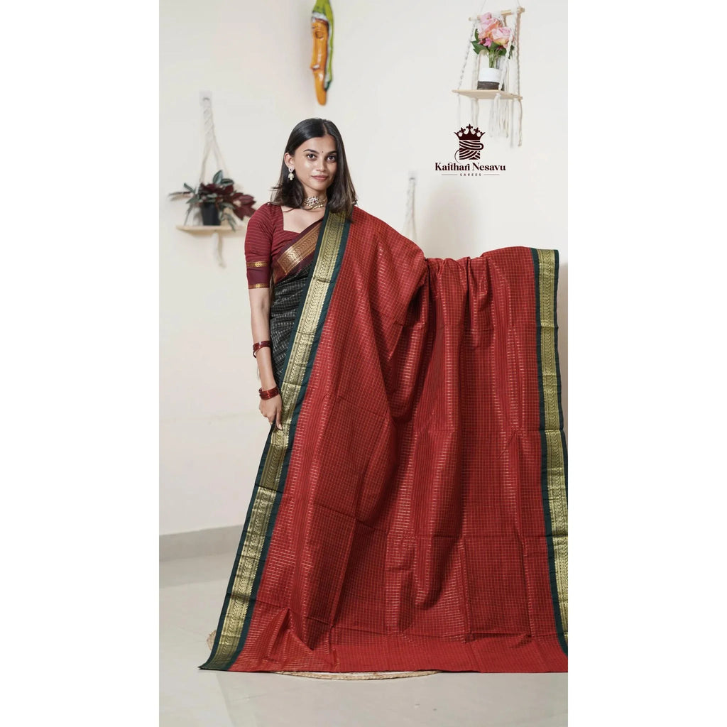 Premium Checked Peacock Design Pure Cotton Saree | Kaitharinesavu