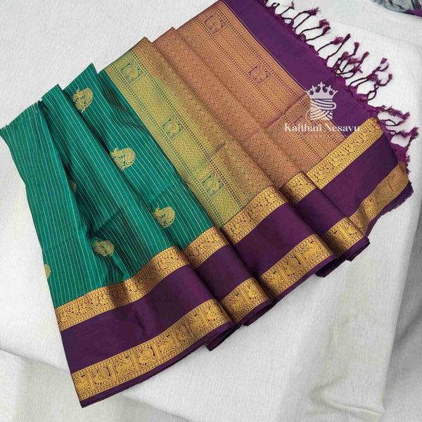 Green x Purple Kanchi Semi Silk Saree | Gold Zari Border