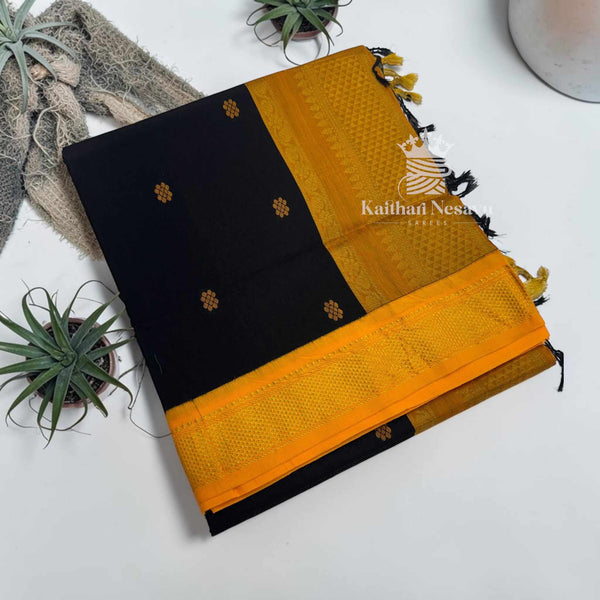 Kalyani Cotton Saree | Dark Gold Pallu & Border | Geometric Zari Buttas | Multi-Colour