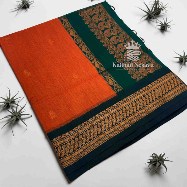 Kalyani Cotton Copper Zari Saree – Orange & Bottle Green | Peacock Border & Pallu | Contrast Blouse