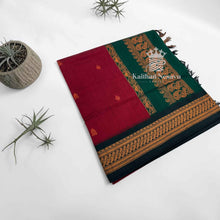 Kalyani Cotton Copper Zari Saree – Orange & Bottle Green | Peacock Border & Pallu | Contrast Blouse