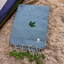 Shop Ice Blue Handloom Soft Cotton Saree with maple leaf embroidery 