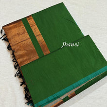 Irish Green Jhanvi Pure Cotton Saree with Copper Zari Pallu – Elegant Daily Wear Saree by Kaithari Nesavu with Matching Blouse, Ideal for Summer  Looks.