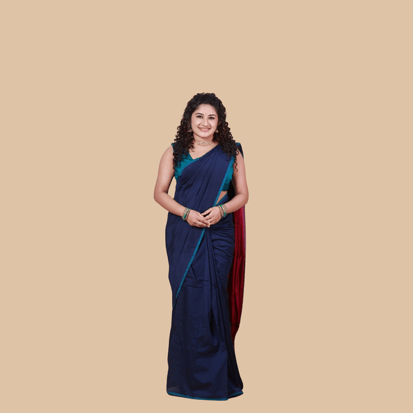 Lapis blue Kaithari Nesavu Vimala pure cotton saree with rich contrast pallu and blouse – graceful and breathable handloom cotton saree for casual to formal wear.