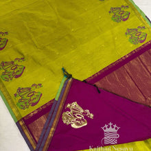 Lime green and magenta silk saree with Radhakrishna motifs and zari border