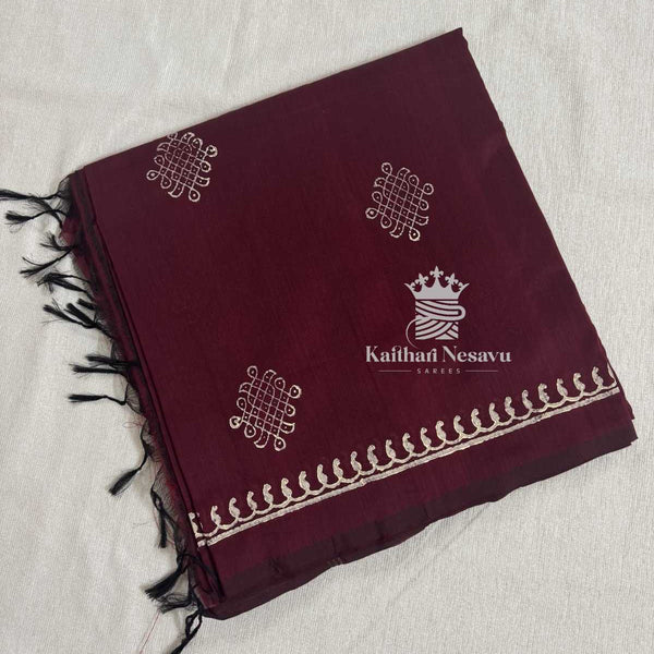 Budget Friendly Kolam Design Cotton Saree with Mango Block Print Border | Hand Kolam Blouse