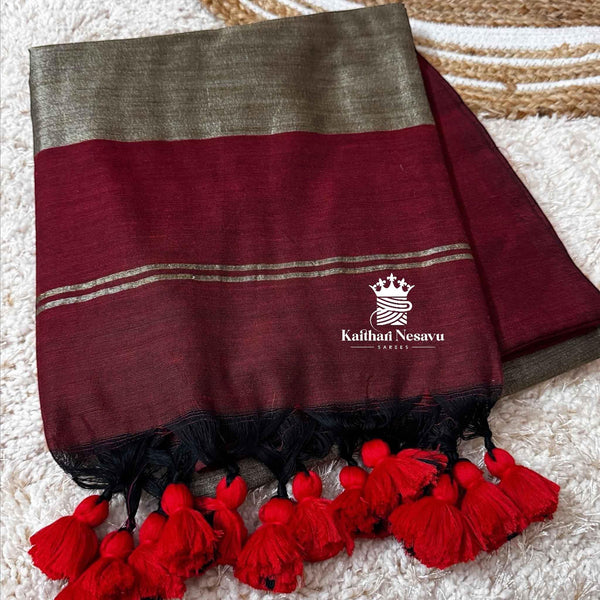 Mookuthi Amman inspired gicha silk saree in maroon by Kaithari Nesavu – rich festive drape for temple wear styling.
