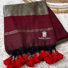 Mookuthi Amman inspired gicha silk saree in maroon by Kaithari Nesavu – rich festive drape for temple wear styling.