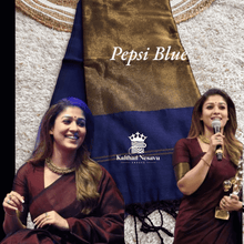 Shop Pepsi Blue Saree – Premium Nayanthara Inspired Temple Wear Saree by Kaithari Nesavu. Traditional handloom pick under ₹1500.