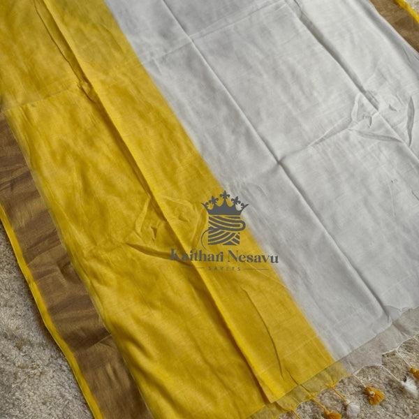 Onam special Mul cotton saree with contrast border and tassels