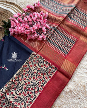 Navy Blue Ghicha Tussar Saree with Burnt Orange Digital Prints – Eye-Catching Semi-Handloom Saree by Kaithari Nesavu for Special Occasions.