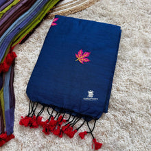 Shop Navy Blue Handloom Soft Cotton Saree with maple leaf embroidery 