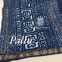 Indigo blue handloom saree pallu with traditional block print and gold zari border