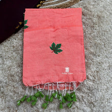 Shop Orangish Pink Handloom Soft Cotton Saree with maple leaf embroidery 