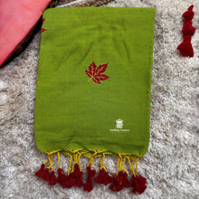 Buy Parrot Green Soft Cotton Saree with maple leaf embroidery by Kaitharinesavu