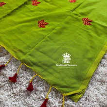 Shop Parrot Green Soft Cotton Saree with maple leaf embroidery by Kaitharinesavu