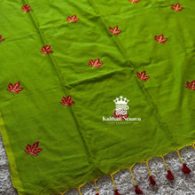 Buy online Parrot Green Soft Cotton Saree with maple leaf embroidery by Kaitharinesavu