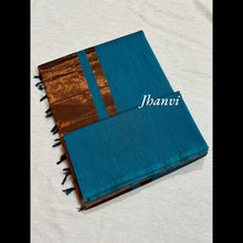 Peacock Blue Pure Cotton Saree with Subtle Copper Zari Pallu – Classic and Elegant Saree by Kaithari Nesavu, Perfect for Every Occasion.