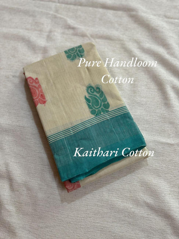 Pure Handloom Cotton Saree with Sumathi Green Border and Mango Butta - Kaithari Nesavu Sarees