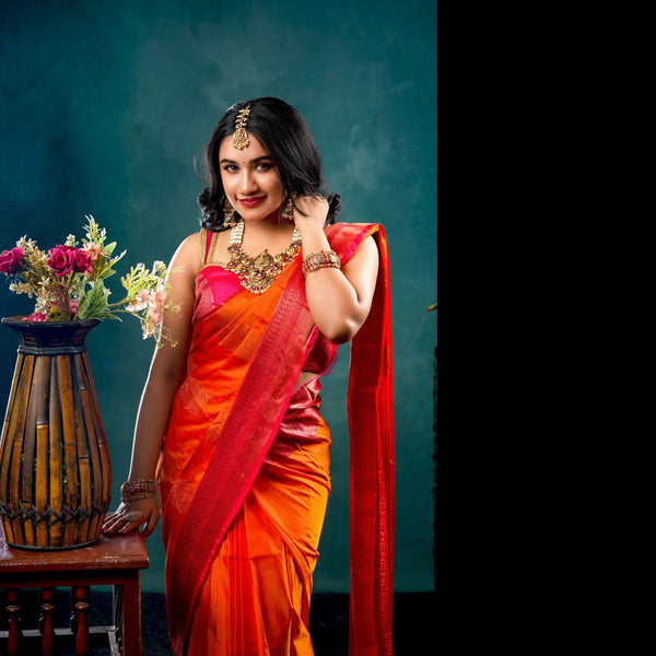 Semi Silk Saree with Contrast Mango Border and Annam Butta