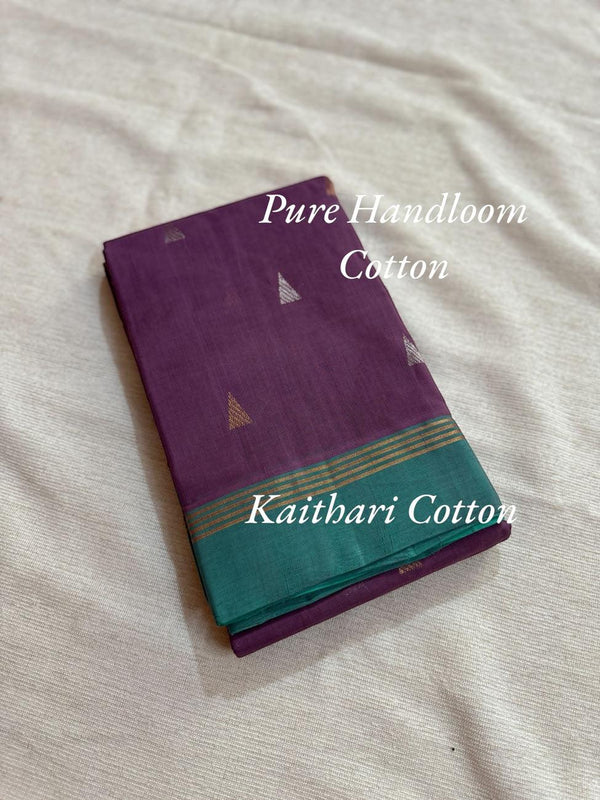 Pure Handloom Cotton Saree with Gold & Silver Zari Combo – Purple and Sumathi Green - Kaithari Nesavu Sarees