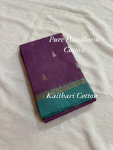 Pure Handloom Cotton Saree with Gold & Silver Zari Combo – Purple and Sumathi Green - Kaithari Nesavu Sarees